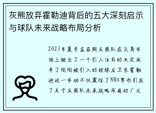灰熊放弃霍勒迪背后的五大深刻启示与球队未来战略布局分析