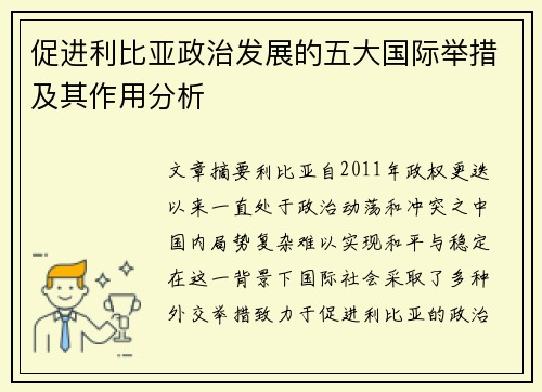 促进利比亚政治发展的五大国际举措及其作用分析