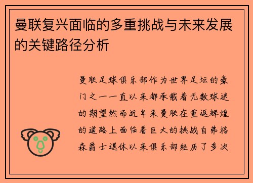 曼联复兴面临的多重挑战与未来发展的关键路径分析