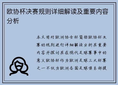 欧协杯决赛规则详细解读及重要内容分析